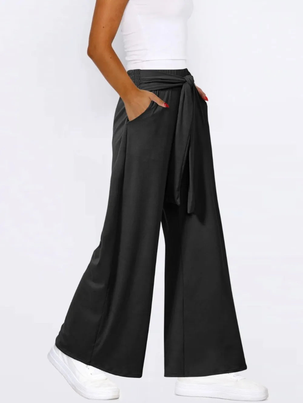 Tie-Waist Wide-Leg Pants with Pockets