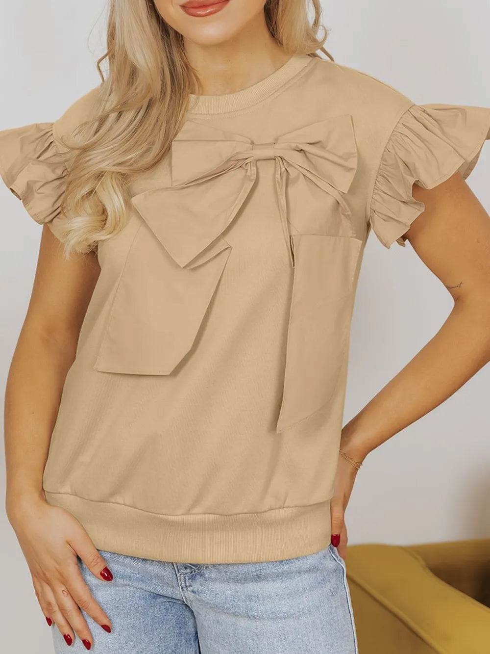 Bow Detail Round Neck Blouse – Cap Sleeve Charm