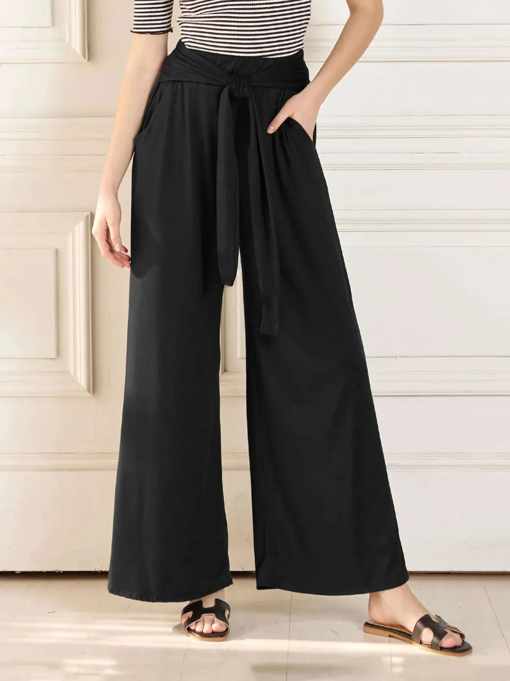 Tie-Waist Wide-Leg Pants with Pockets