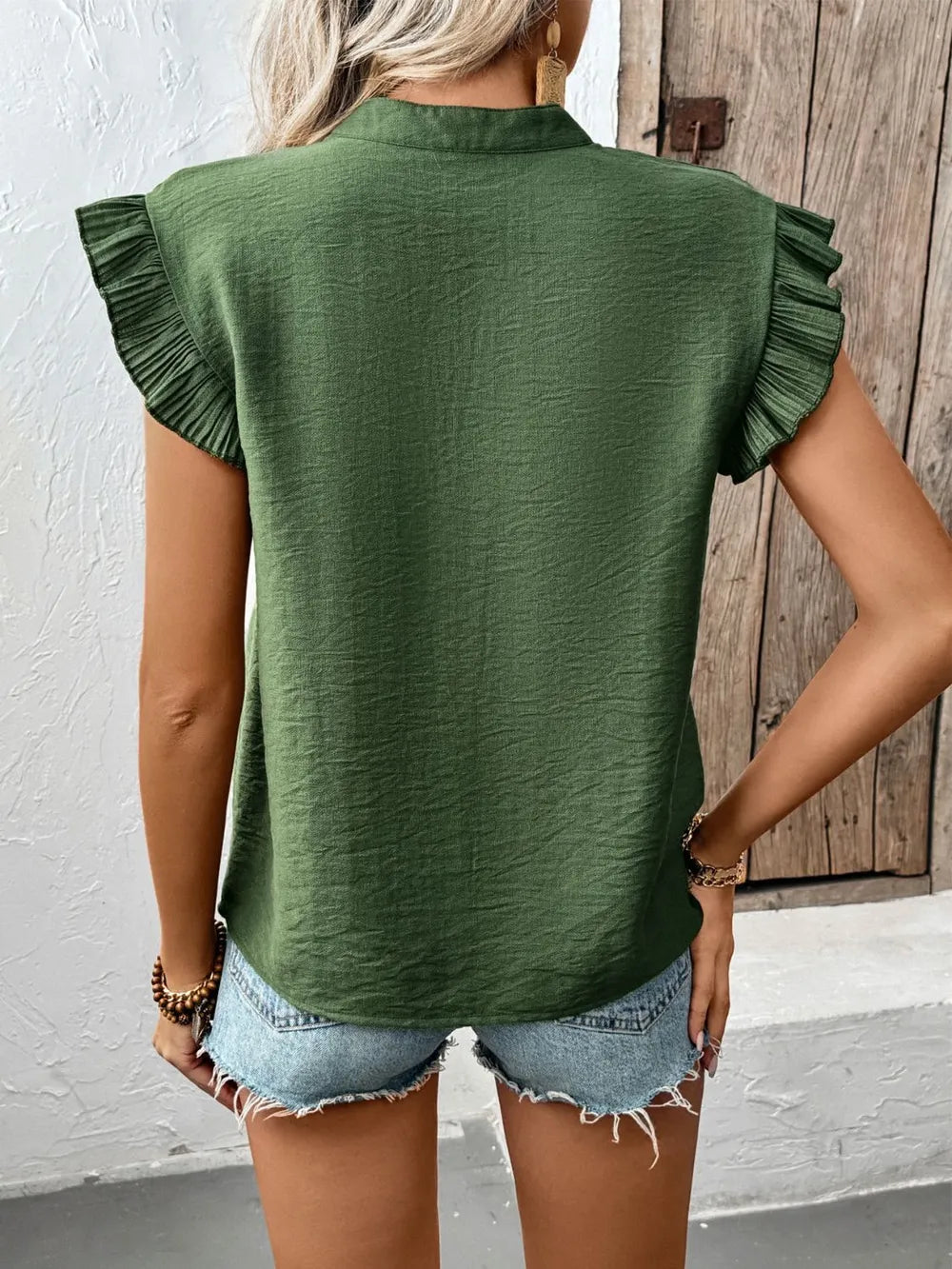 Perfee Ruffle Trim Cap Sleeve Blouse
