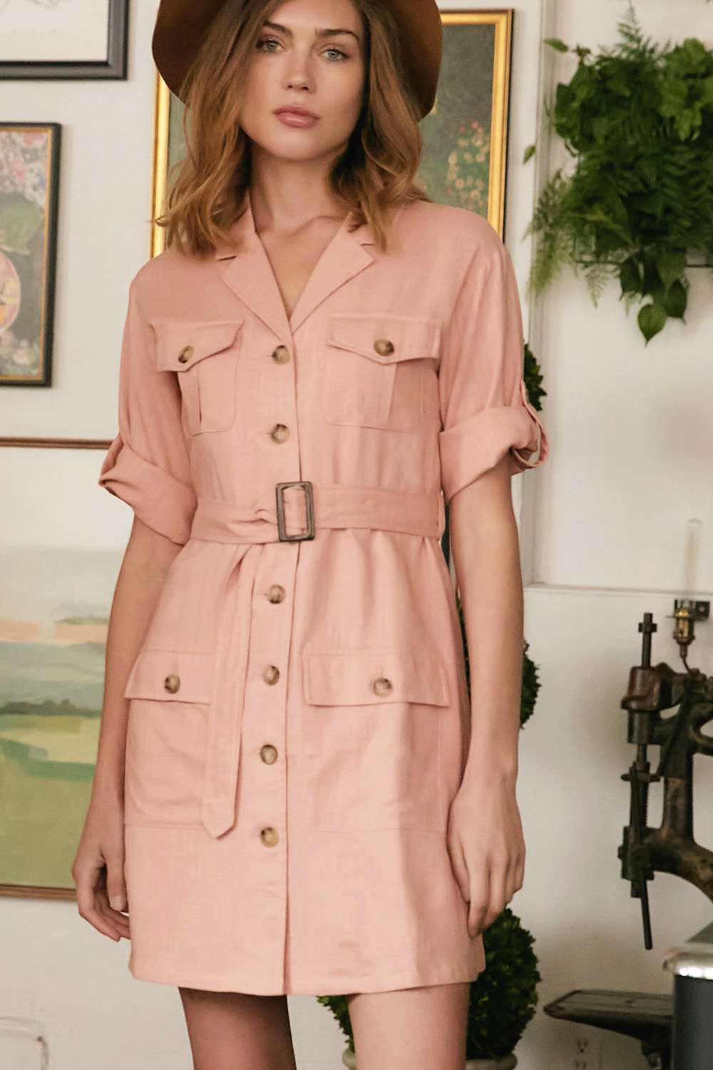 Drop Shoulder Tie Belted Dress Pink