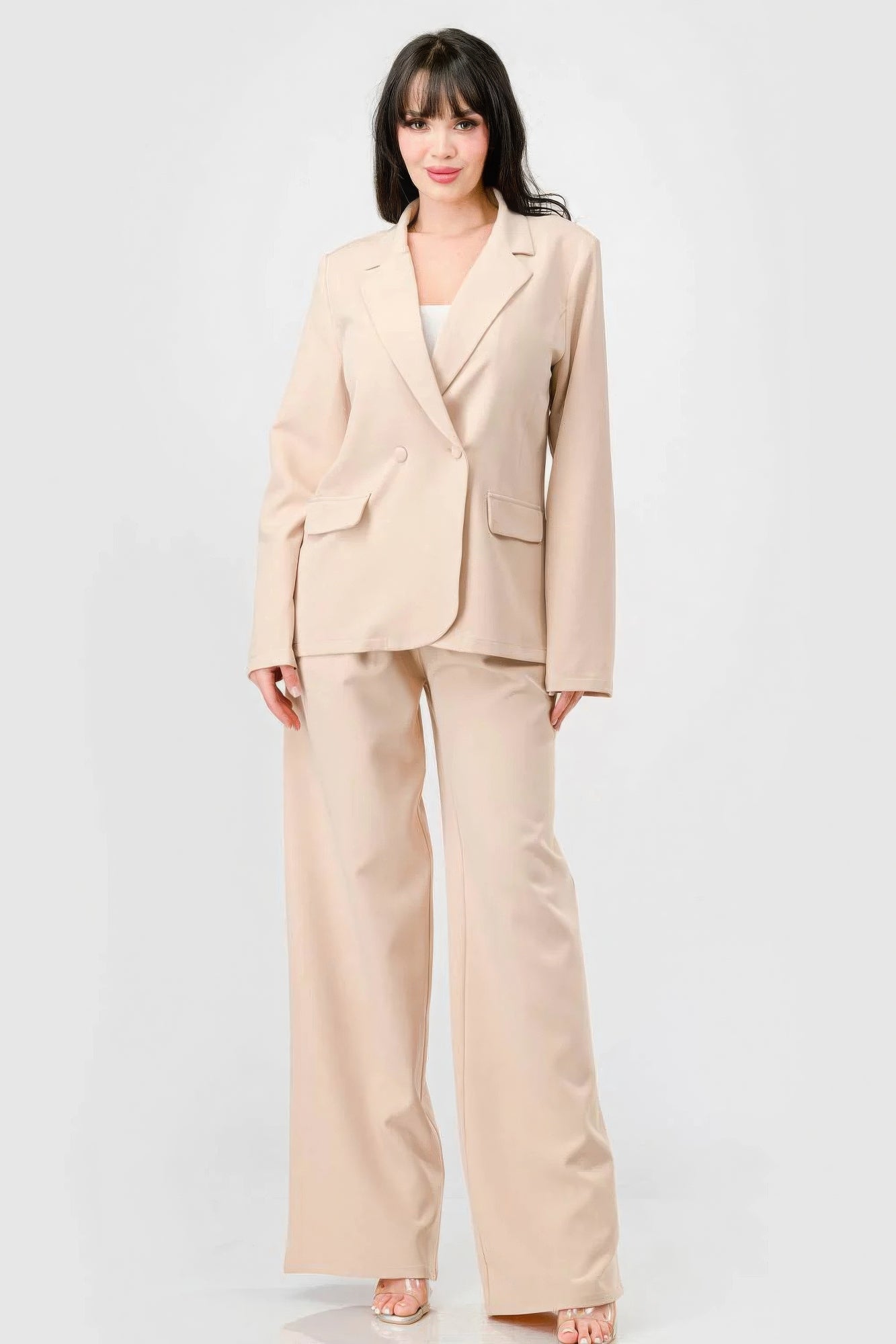 Loose Fit Blazer And Wide Legs Pants Set Taupe