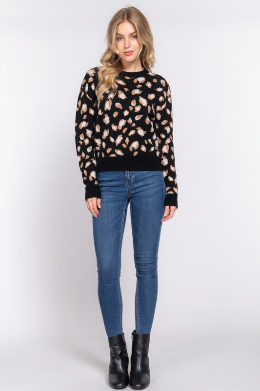 Long Sleeve Crew Neck Sweater Black and Ivory