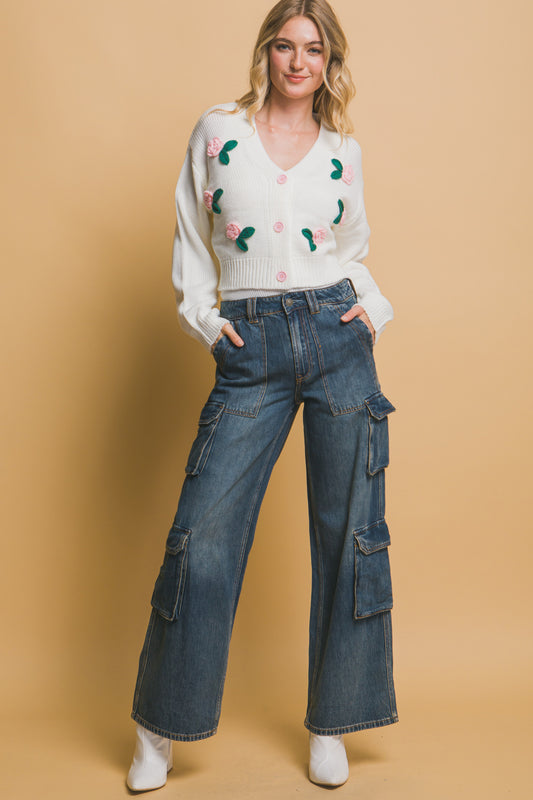 Mid-Cropped Cardigan Rose on White