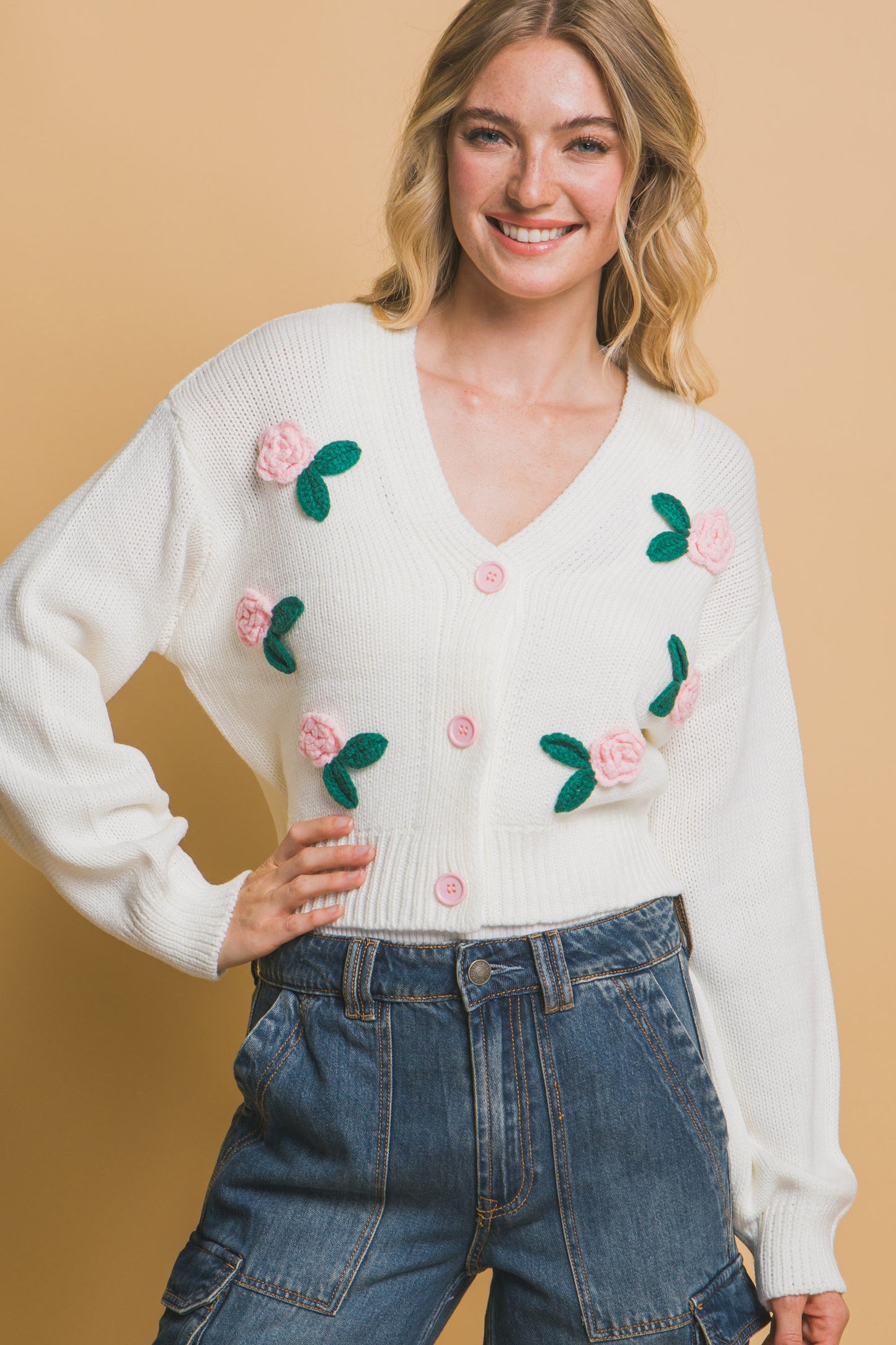 Mid-Cropped Cardigan Rose on White