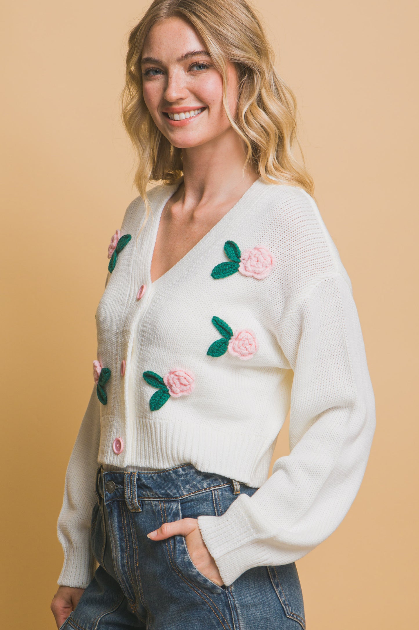 Mid-Cropped Cardigan Rose on White