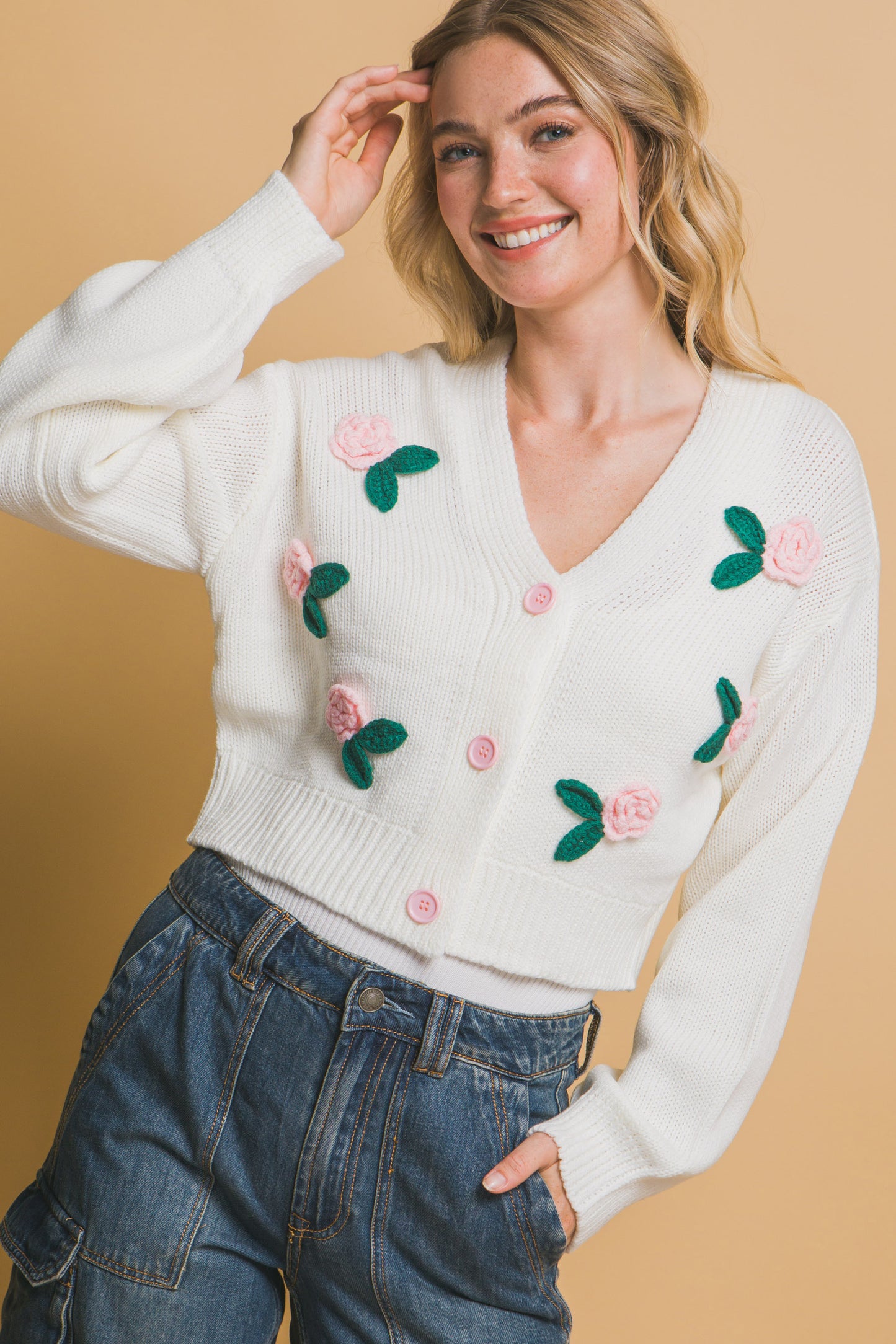 Mid-Cropped Cardigan Rose on White