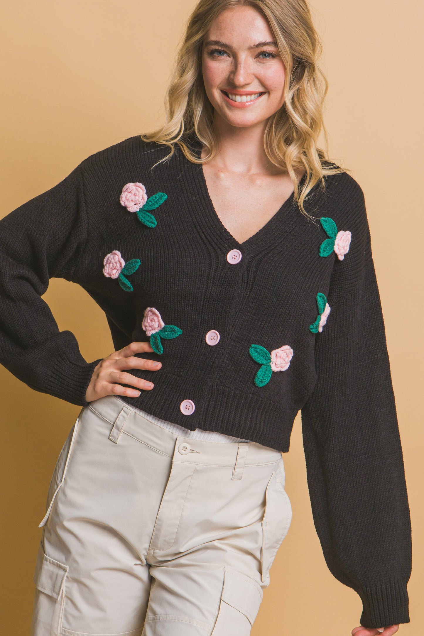 Mid-Cropped Cardigan Rose on Black
