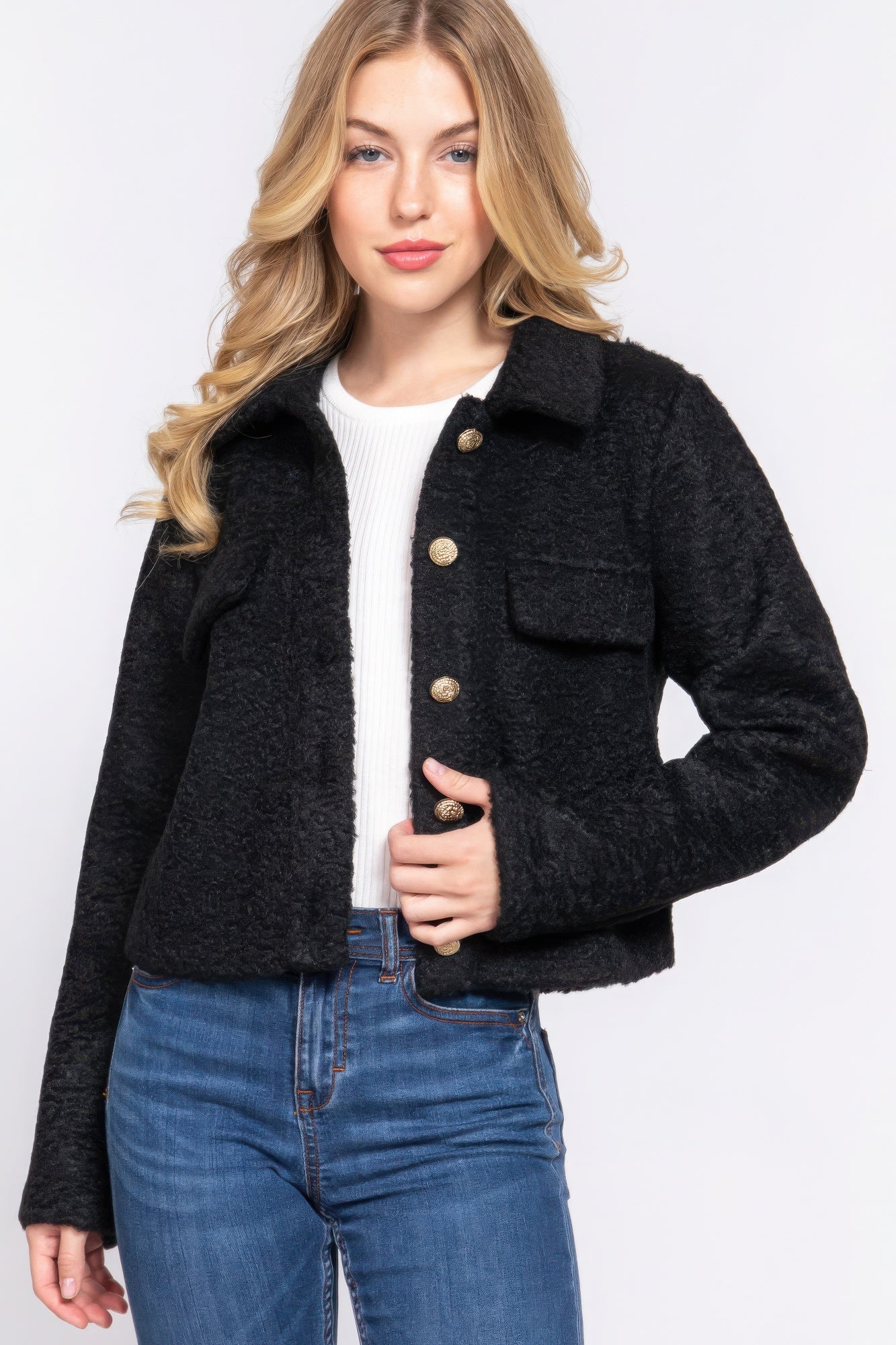 Teddy Fleece Short Jacket Black