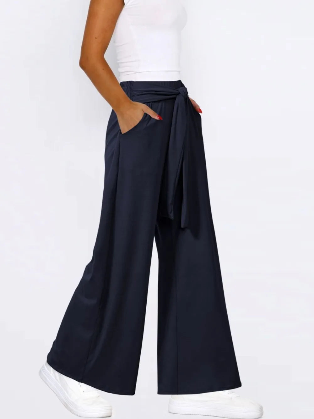 Tie-Waist Wide-Leg Pants with Pockets