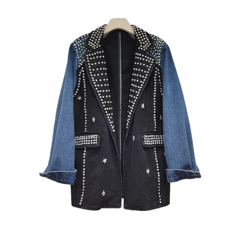 Embellished Denim-Plaid Blazer Coat – Loose Fit, Autumn-Ready Style