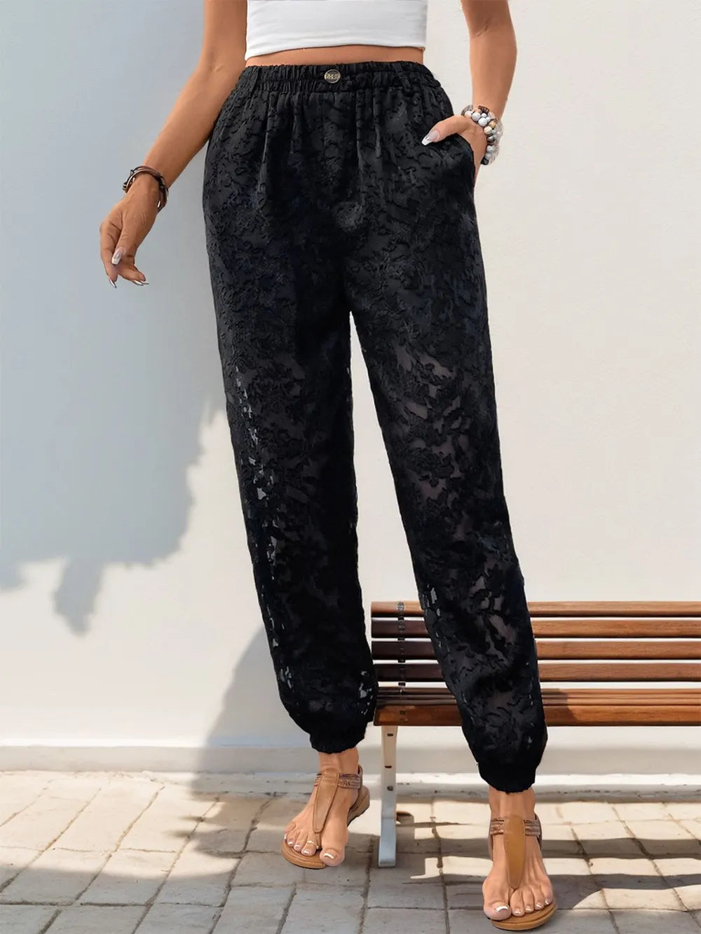 Pocketed Lace Elastic Waist Pants – Elegant and Comfortable