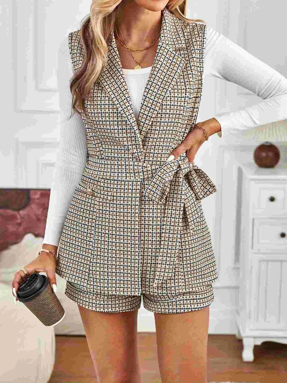 Plaid Collared Vest & Shorts Set with Tie Detail