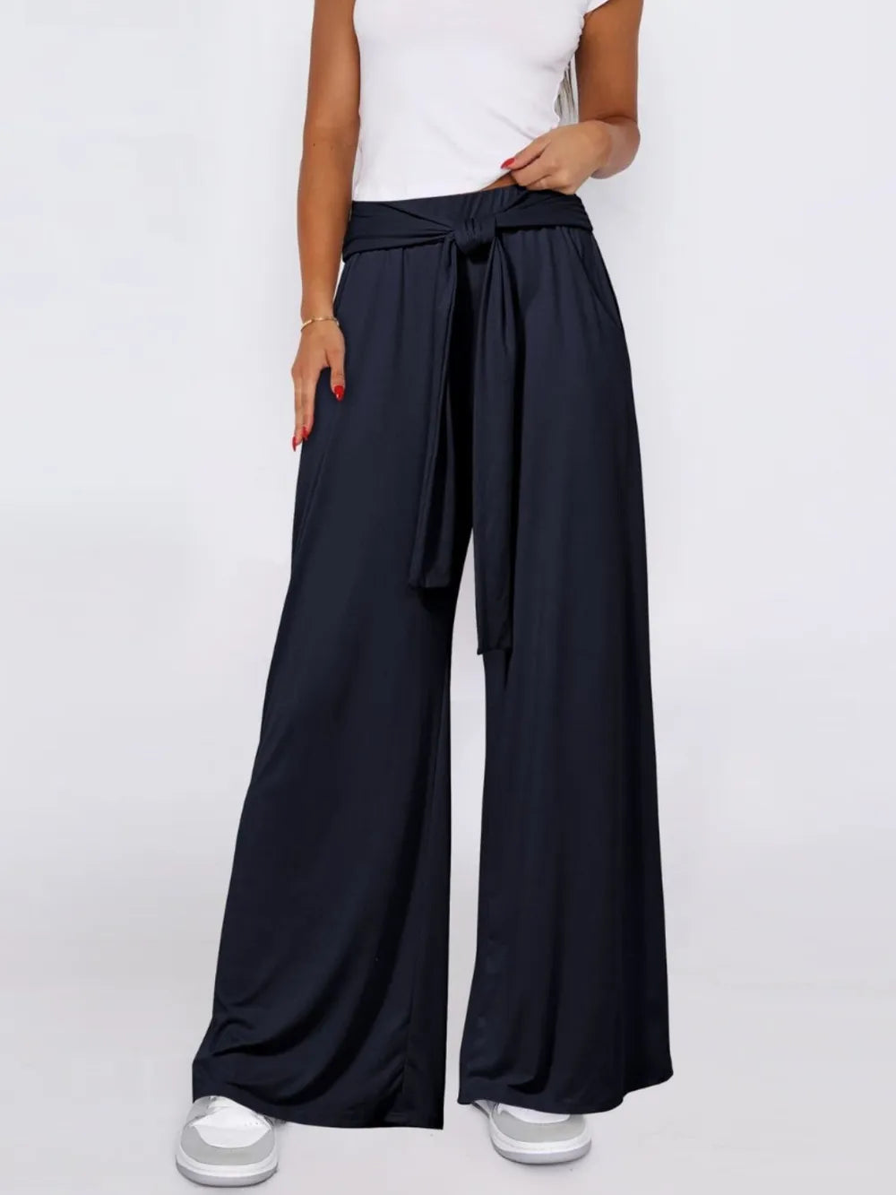 Tie-Waist Wide-Leg Pants with Pockets