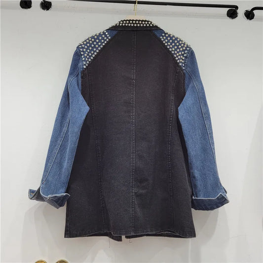 Embellished Denim-Plaid Blazer Coat – Loose Fit, Autumn-Ready Style