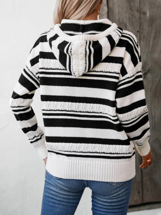 Striped Long Sleeve Hooded Sweater with Drawstrings – Cozy and Trendy