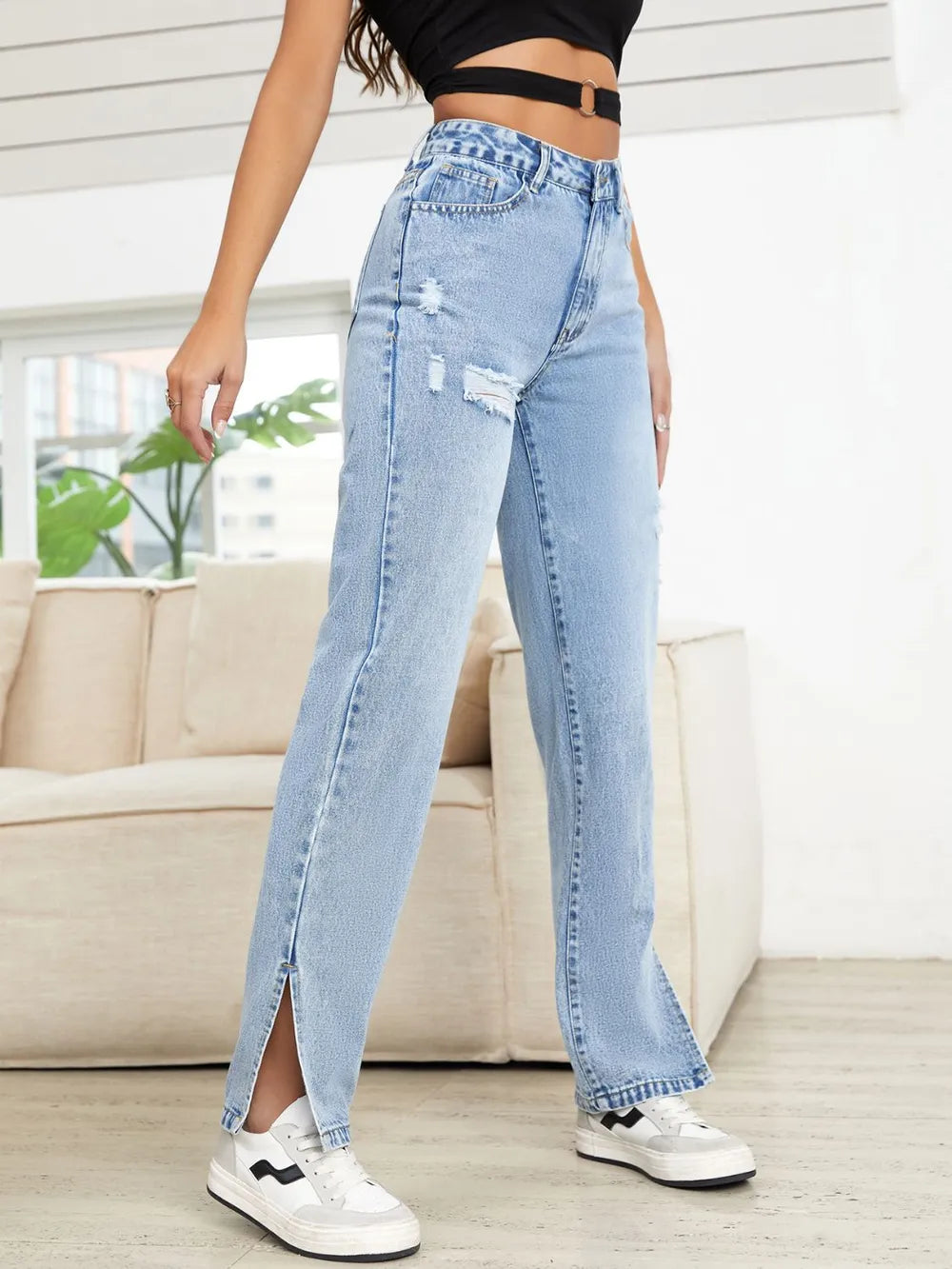 Distressed Slit Straight-Leg Jeans
