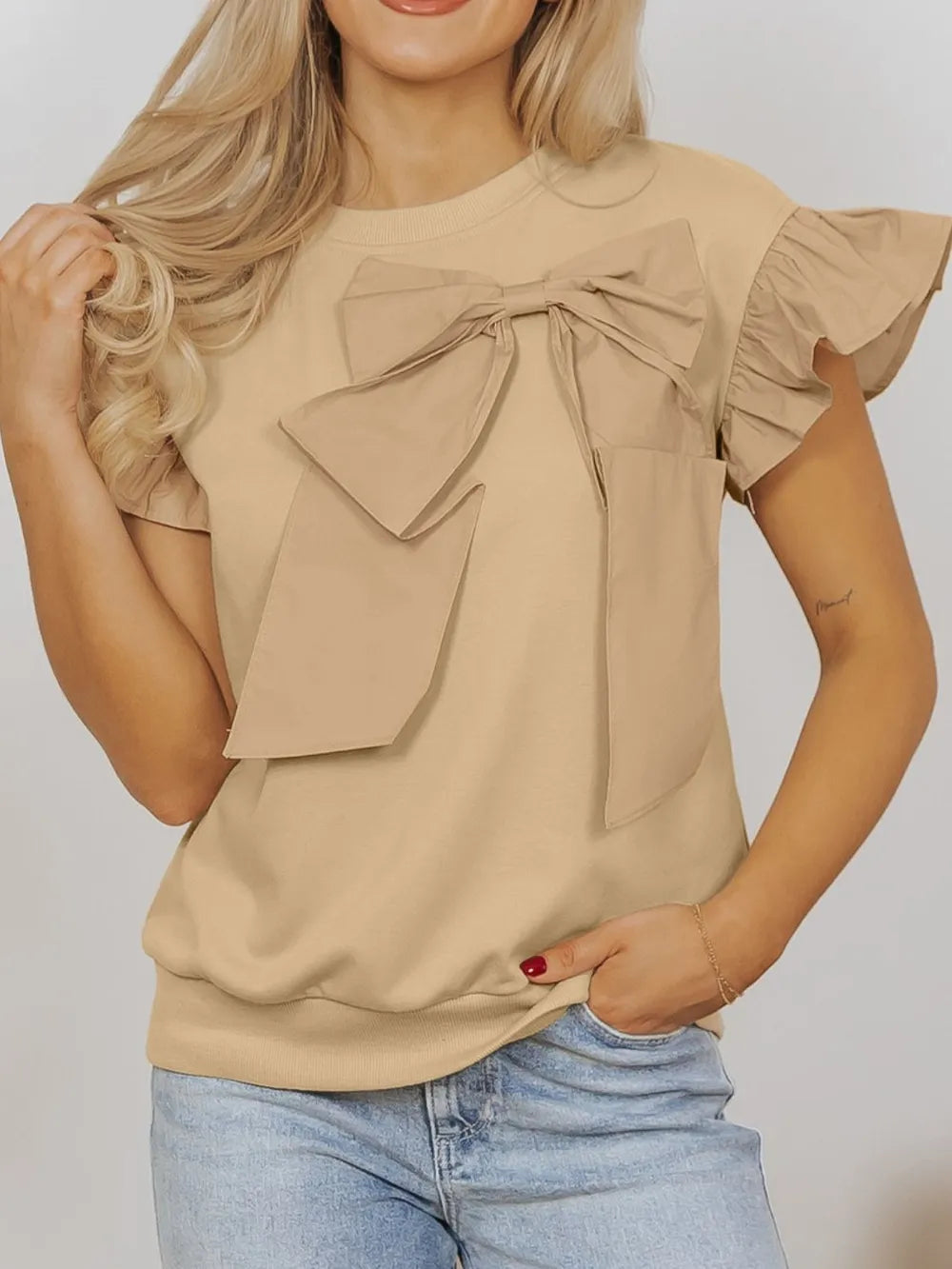 Bow Detail Round Neck Blouse – Cap Sleeve Charm