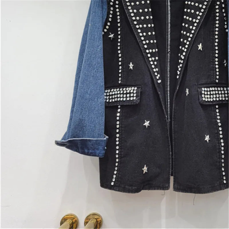 Embellished Denim-Plaid Blazer Coat – Loose Fit, Autumn-Ready Style