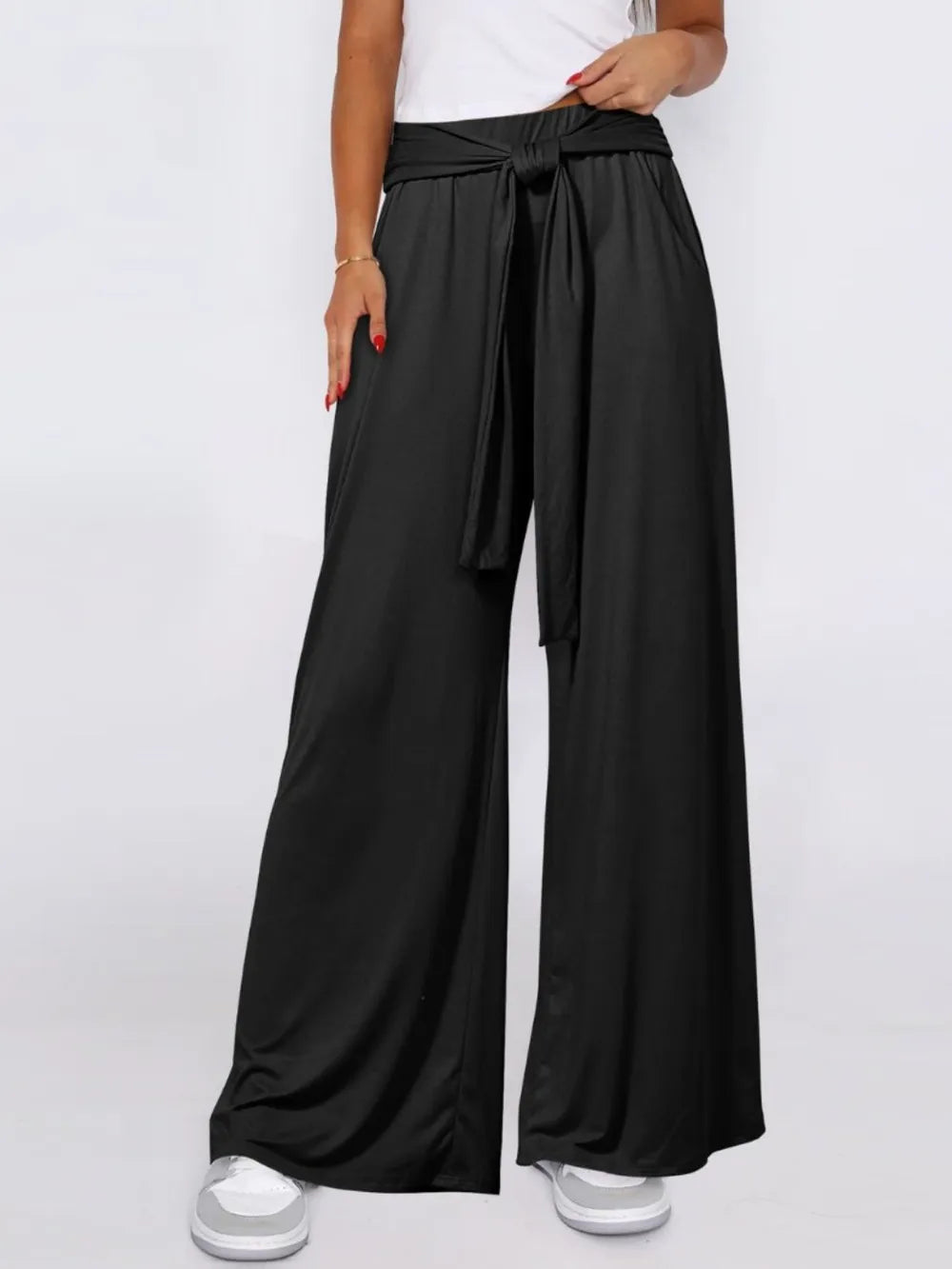 Tie-Waist Wide-Leg Pants with Pockets