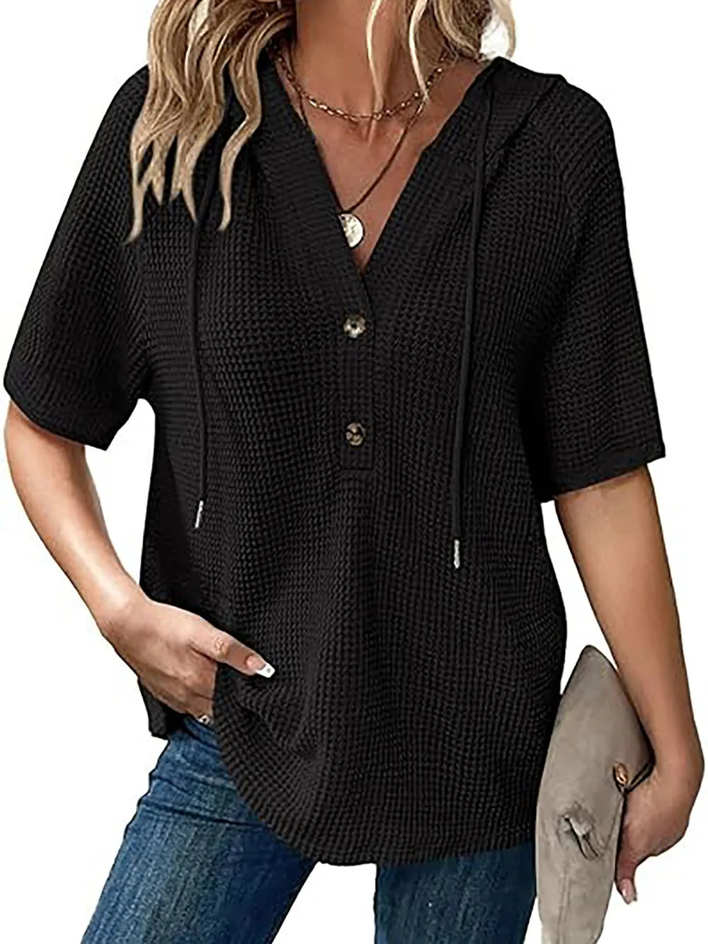 Cozy Waffle-Knit Hooded Blouse – Short Sleeves for Easy, Everyday Style