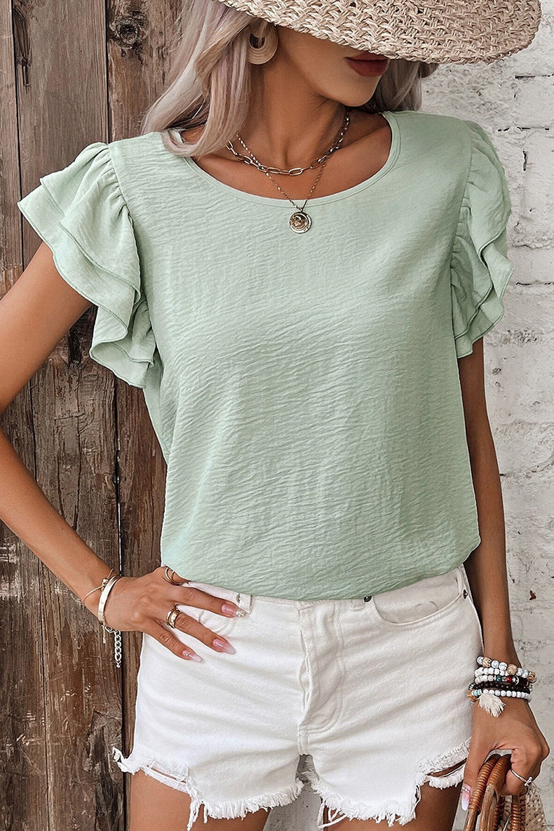 Ruffled V-Neck Blouse with Cap Sleeves