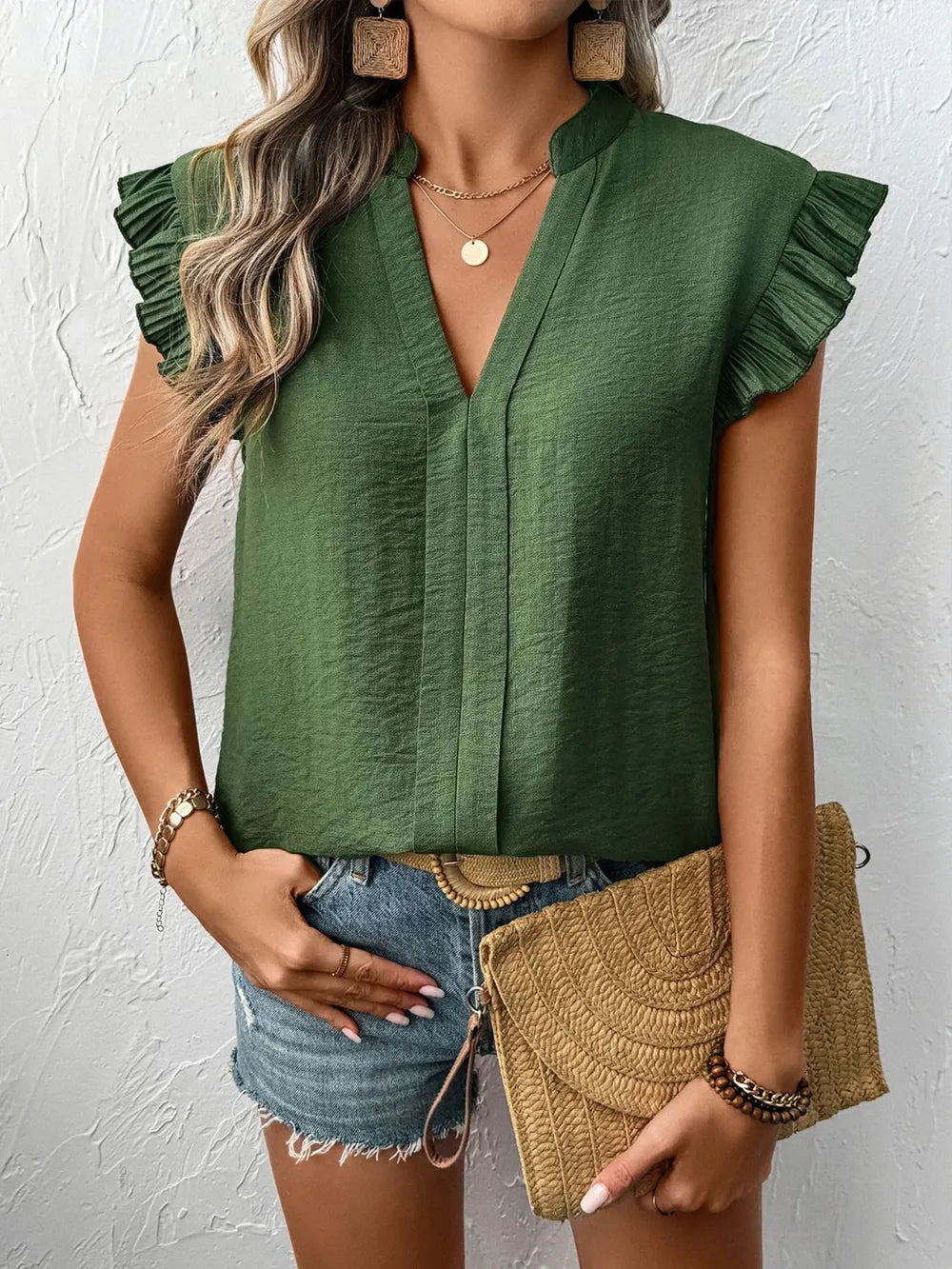 Perfee Ruffle Trim Cap Sleeve Blouse