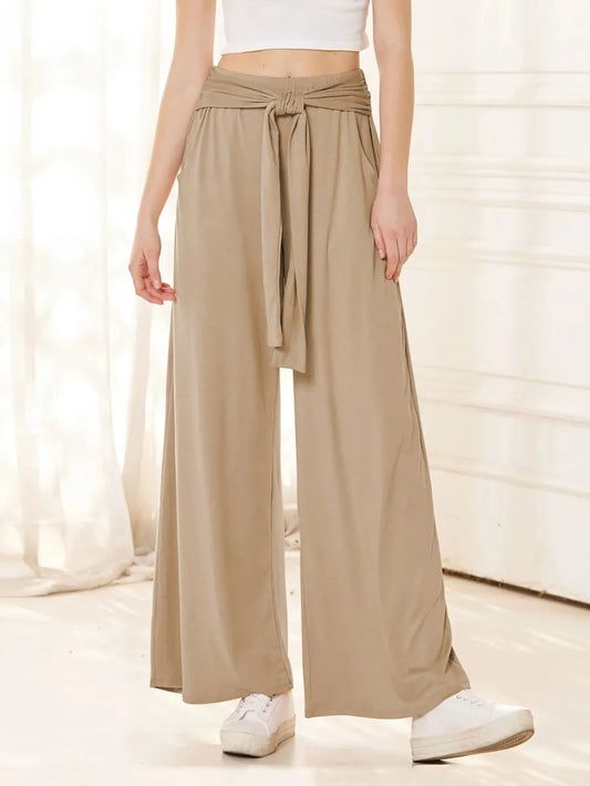Tie-Waist Wide-Leg Pants with Pockets