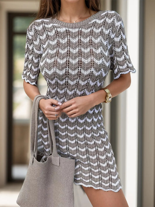 Chevron Pattern Knit Dress – Featuring a Round Neckline and Breezy Short Sleeves