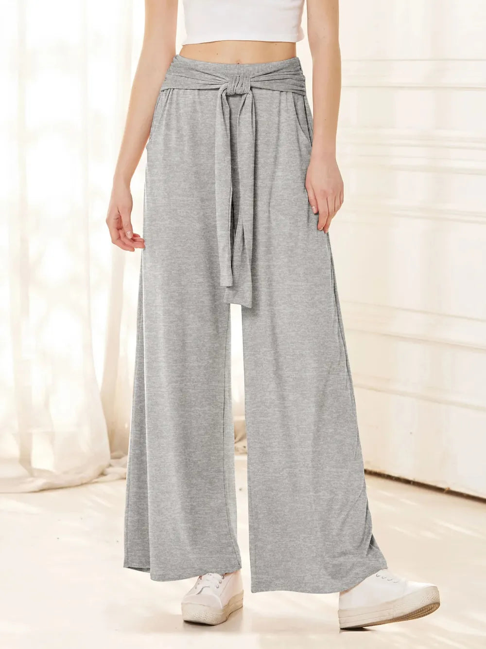 Tie-Waist Wide-Leg Pants with Pockets