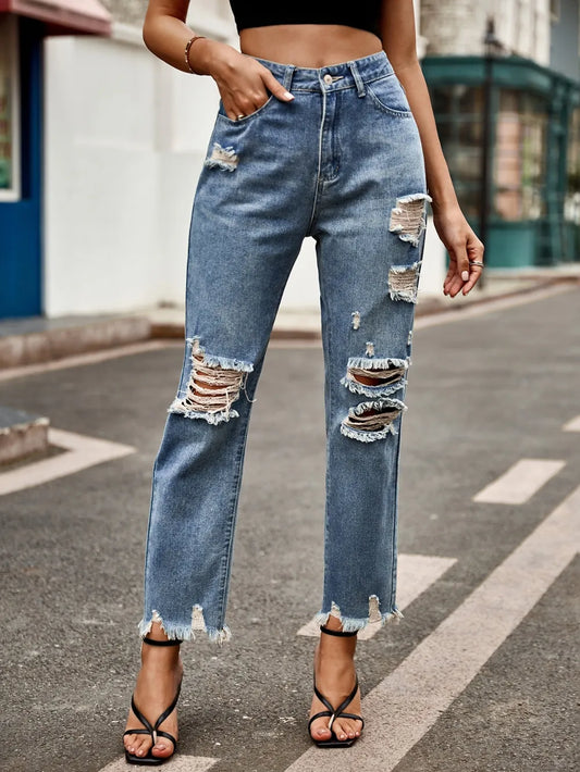 Distressed Raw Hem Jeans – Edgy Style with Functional Pockets