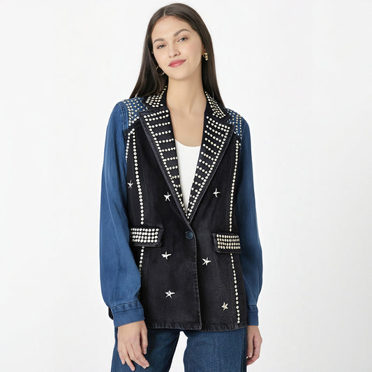 Embellished Denim-Plaid Blazer Coat – Loose Fit, Autumn-Ready Style