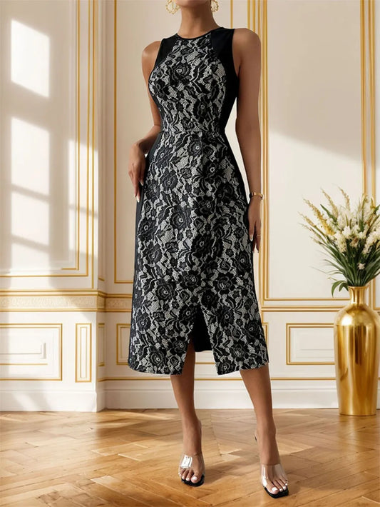 Round Neck Sleeveless Midi Dress with Slit – Effortless Style in a Soft Rose Pattern