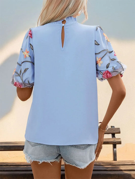 Embroidered Mock Neck Puff Sleeve Blouse – Elegant and Feminine