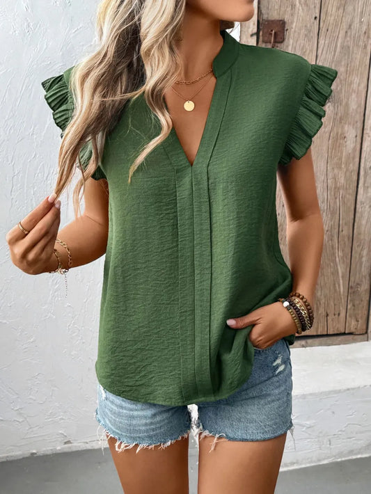 Perfee Ruffle Trim Cap Sleeve Blouse