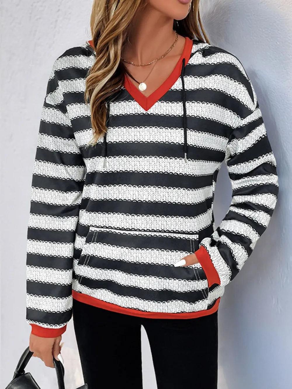 Striped Long Sleeve Hooded Sweater with Drawstring