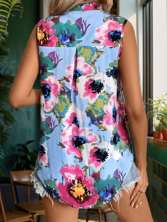 Printed Round Neck Sleeveless Blouse – Chic and Versatile