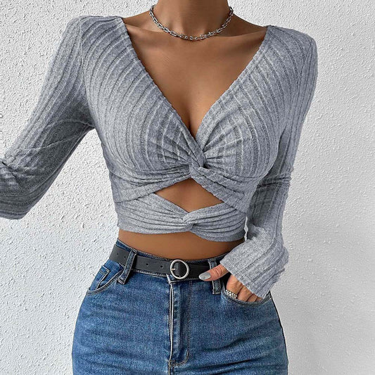 Women's fashion V-neck slim-fitting short top