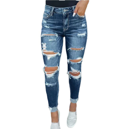 Ripped Jeans Stretch Frayed Raw Hem Distressed