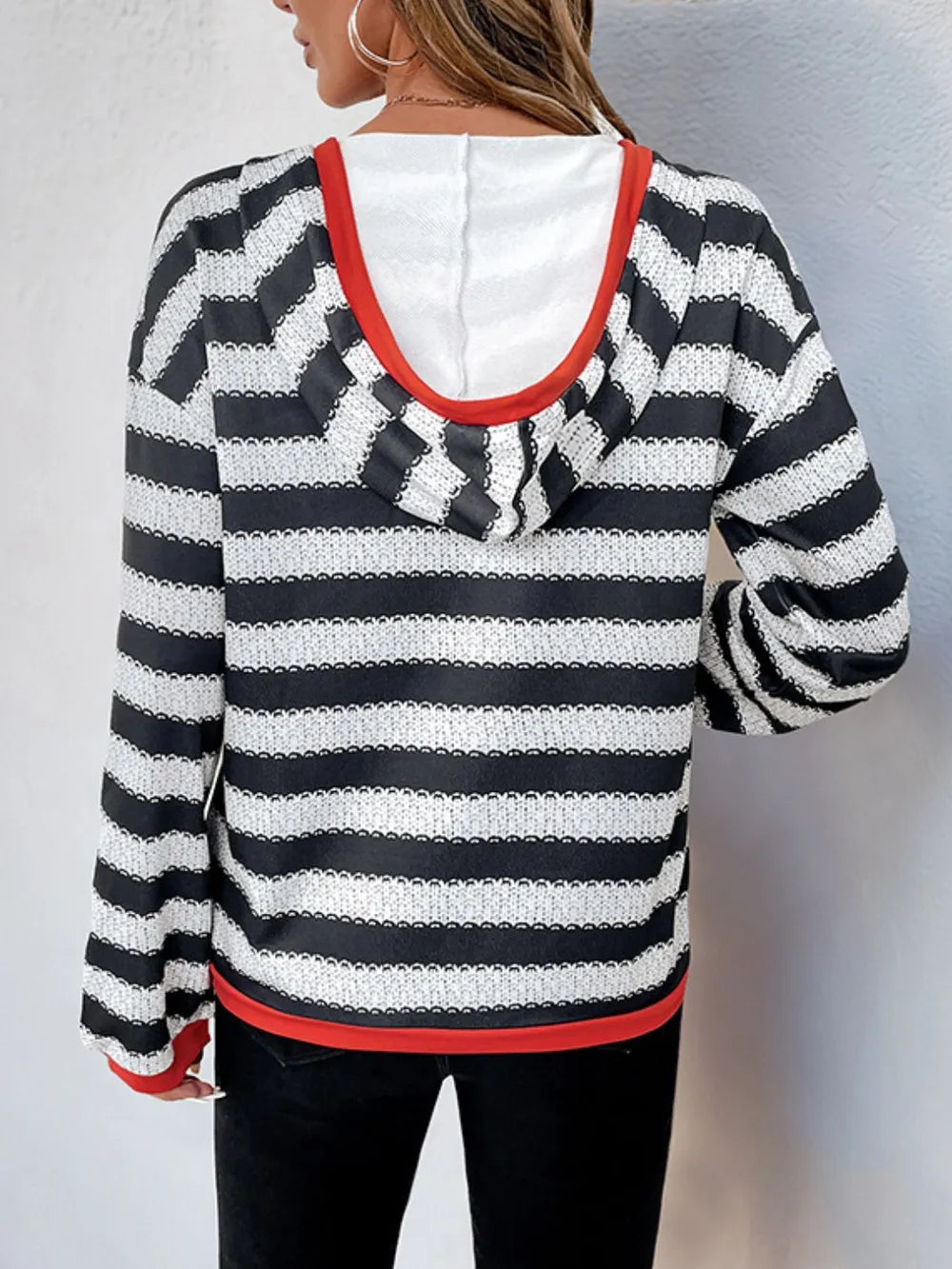 Striped Long Sleeve Hooded Sweater with Drawstring