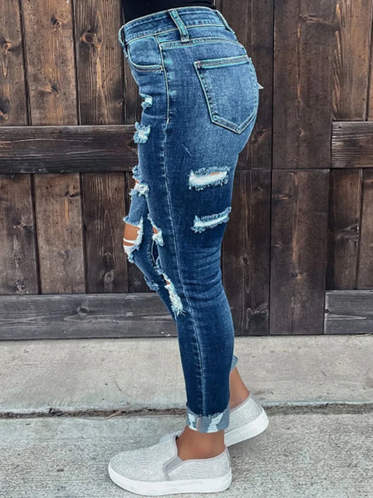 Ripped Jeans Stretch Frayed Raw Hem Distressed