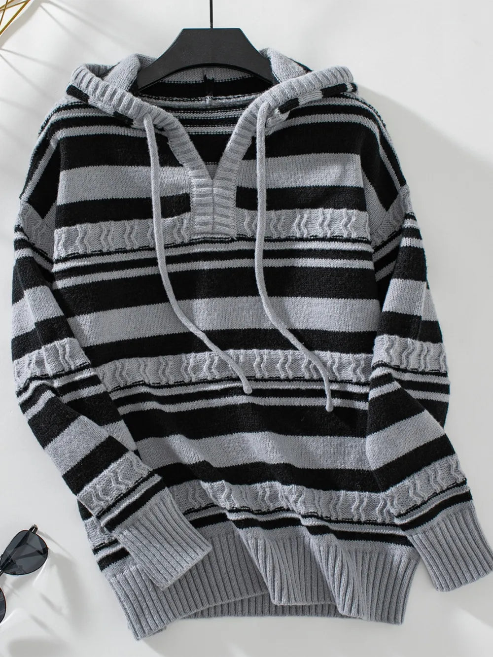 Striped Long Sleeve Hooded Sweater with Drawstrings – Cozy and Trendy