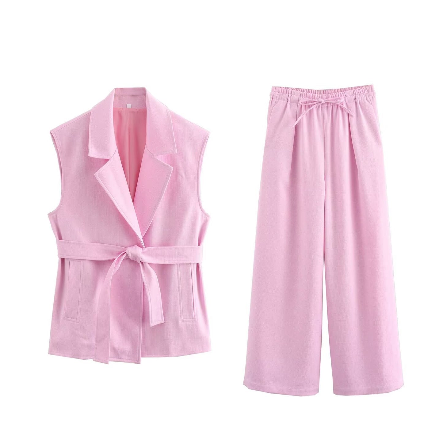 Sleeveless Belted Vest & Wide-Leg Pants Set – Effortless Chic
