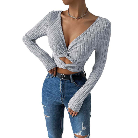 Women's fashion V-neck slim-fitting short top