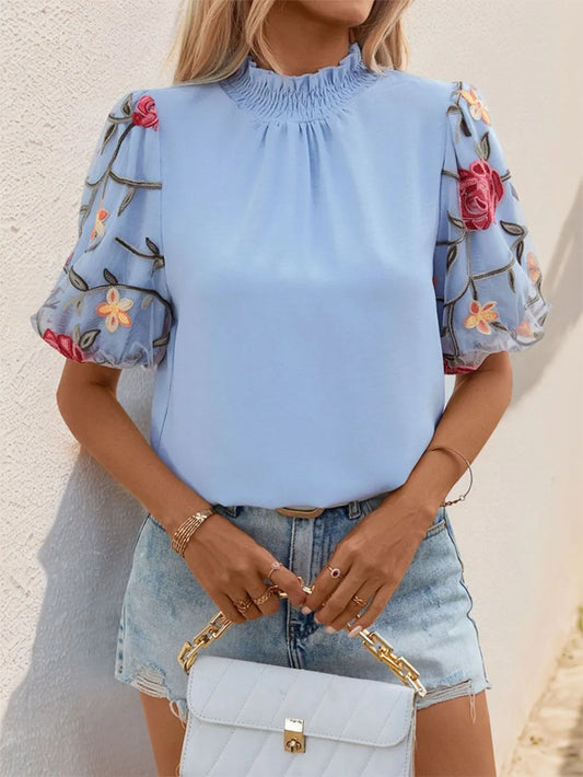 Embroidered Mock Neck Puff Sleeve Blouse – Elegant and Feminine