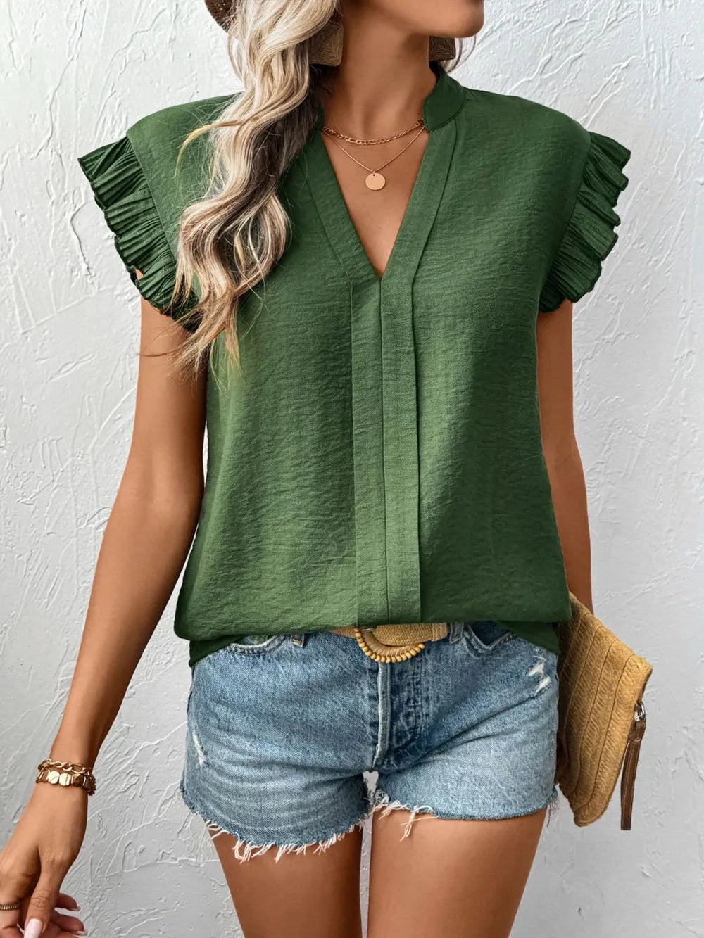 Perfee Ruffle Trim Cap Sleeve Blouse
