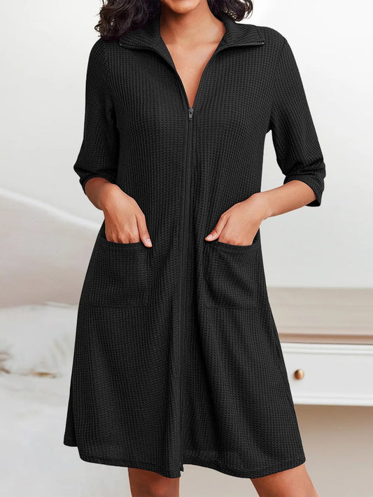Half Sleeve Waffle-Knit Dress with Zipper Detail – A Blend of Comfort and Structure
