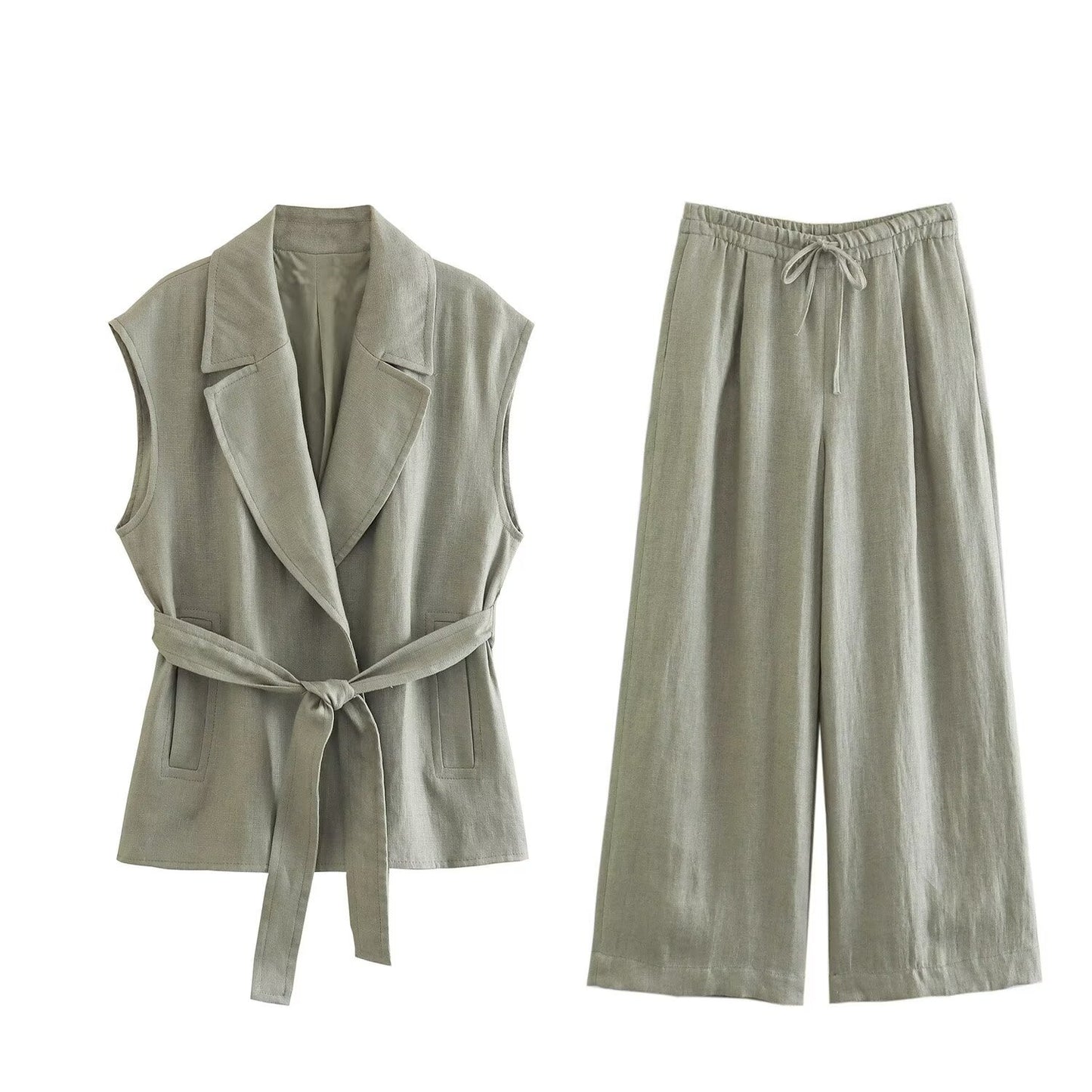 Sleeveless Belted Vest & Wide-Leg Pants Set – Effortless Chic