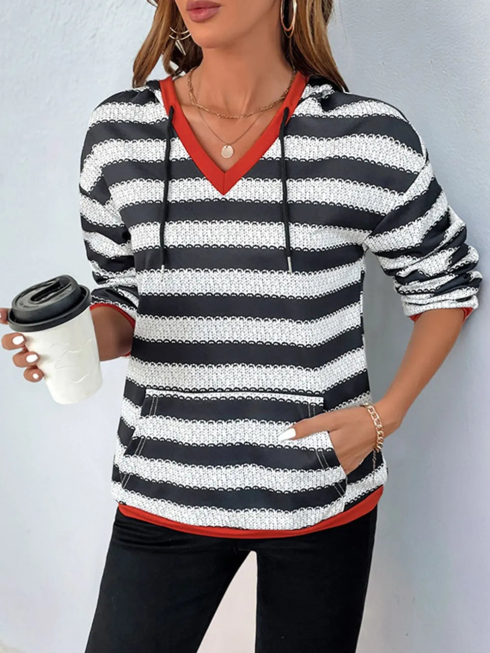 Striped Long Sleeve Hooded Sweater with Drawstring