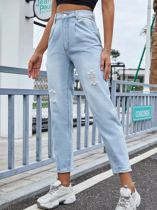 Straight-Leg Distressed Denim with Pockets